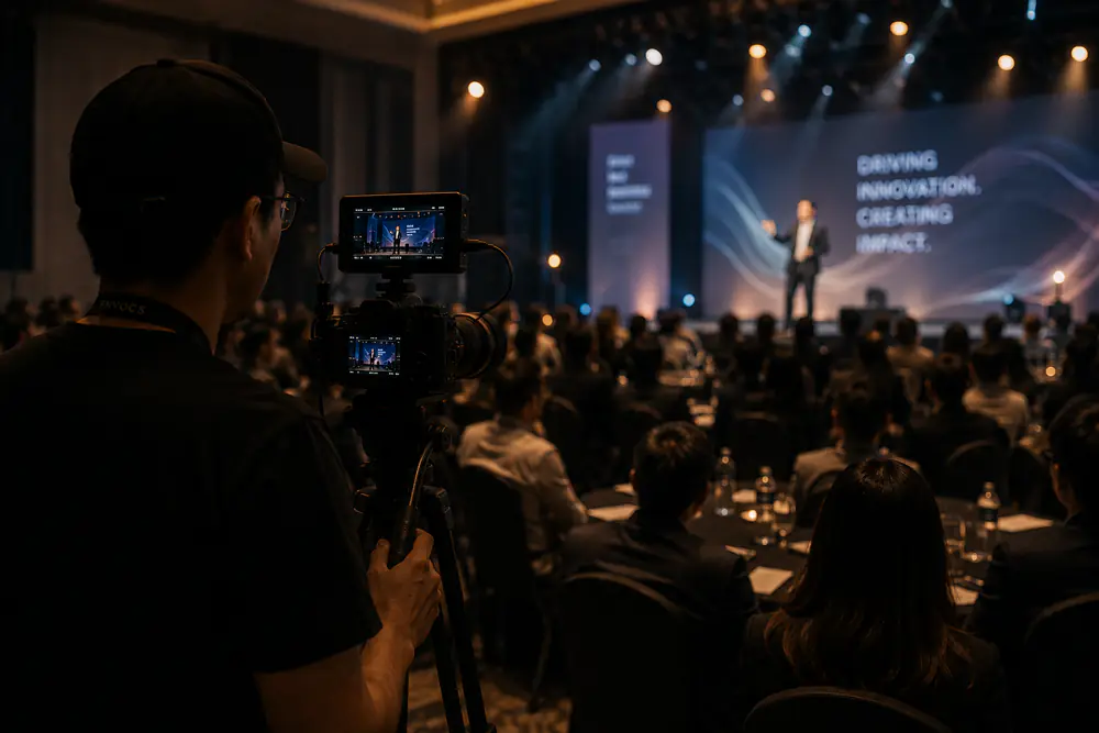 Freelance videographer capturing a live corporate event while reading the room and following the story